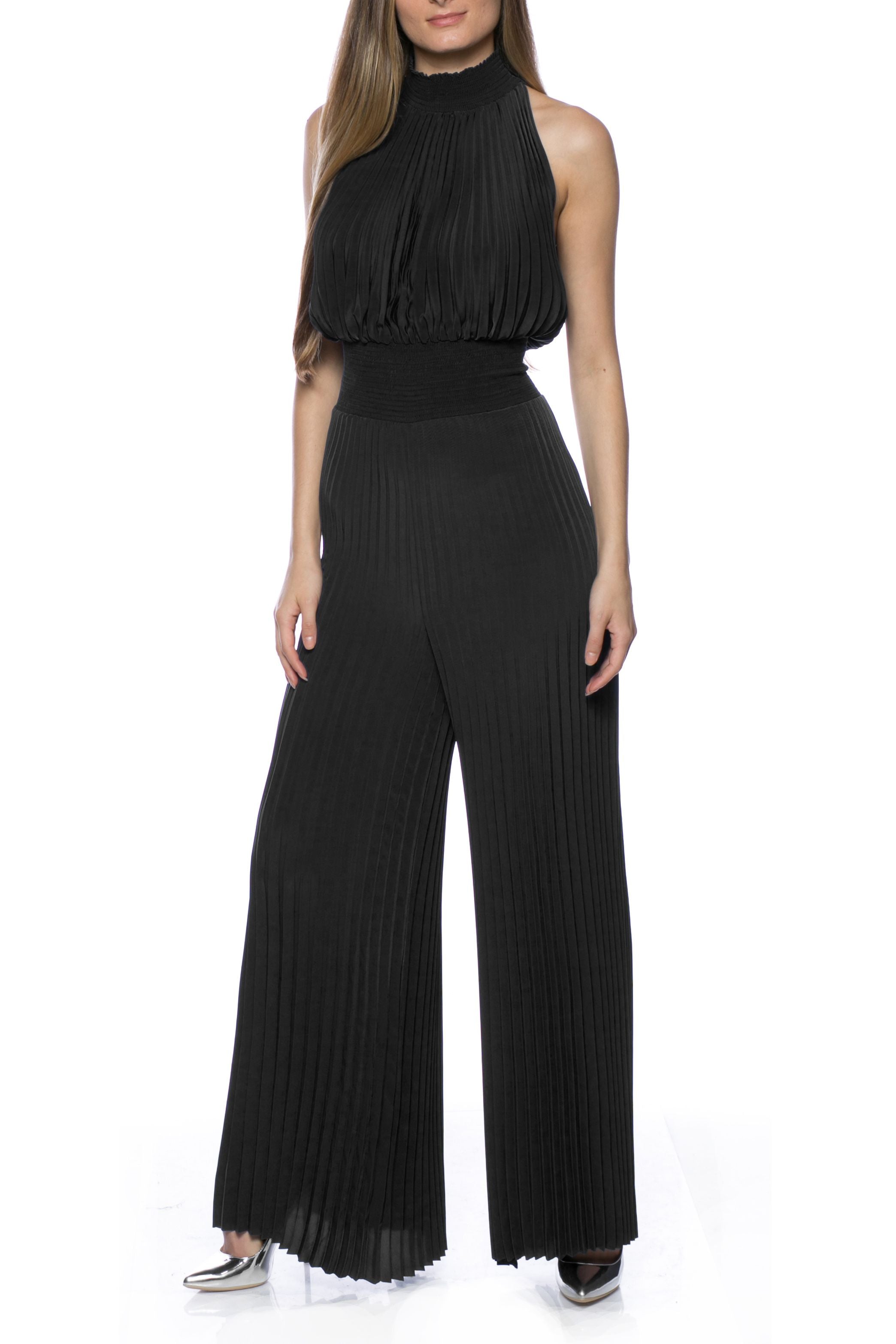 Marina Halter High Neck Pleat Satin Jumpsuit