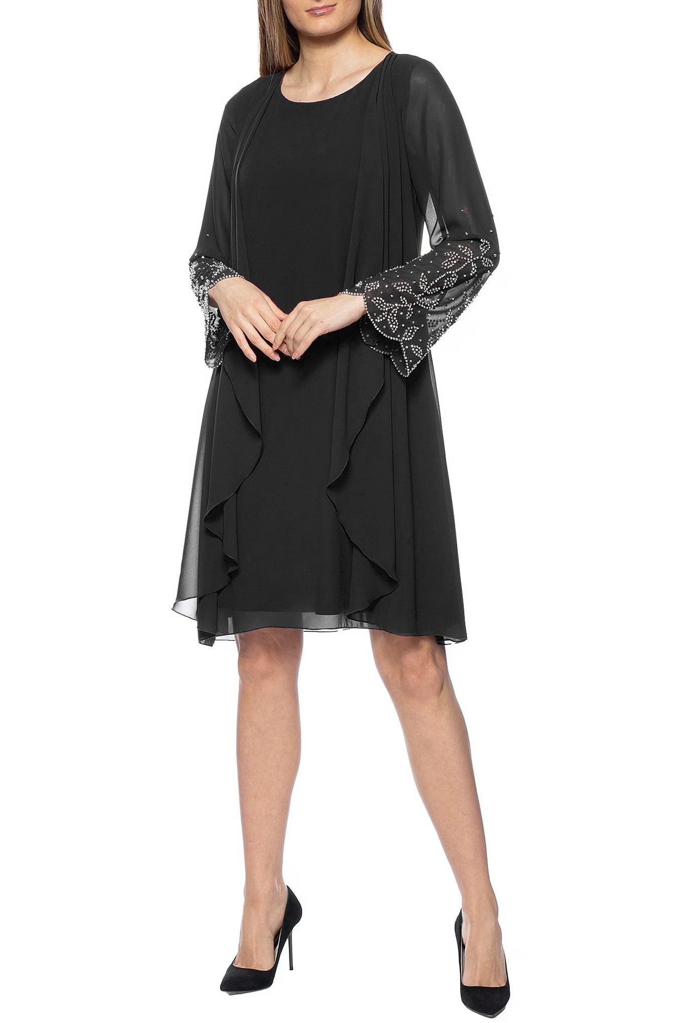 Marina Short Scoop Neck Embellished Sleeve Dress