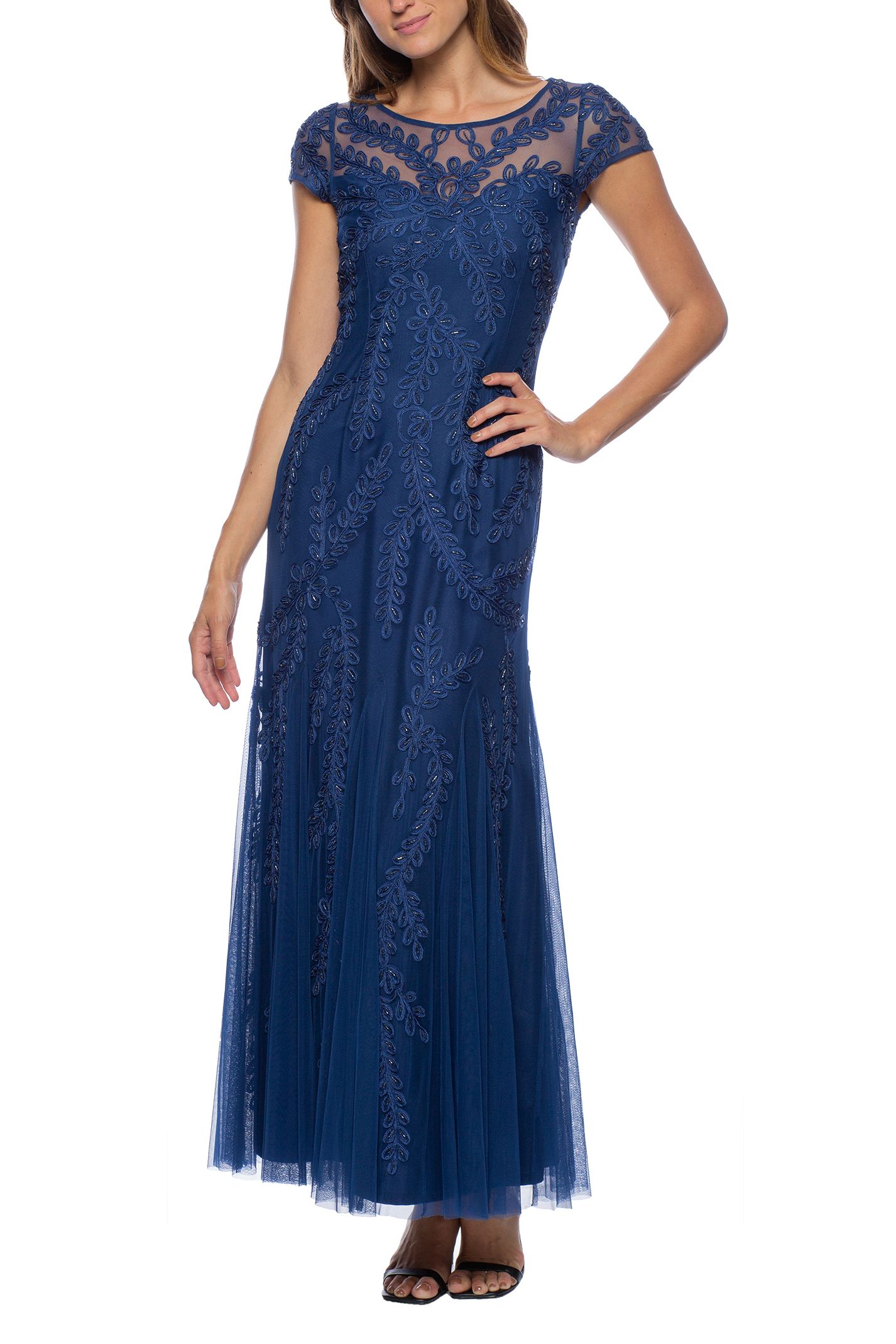 Marina Long Illusion Boat Neck Mesh Dress