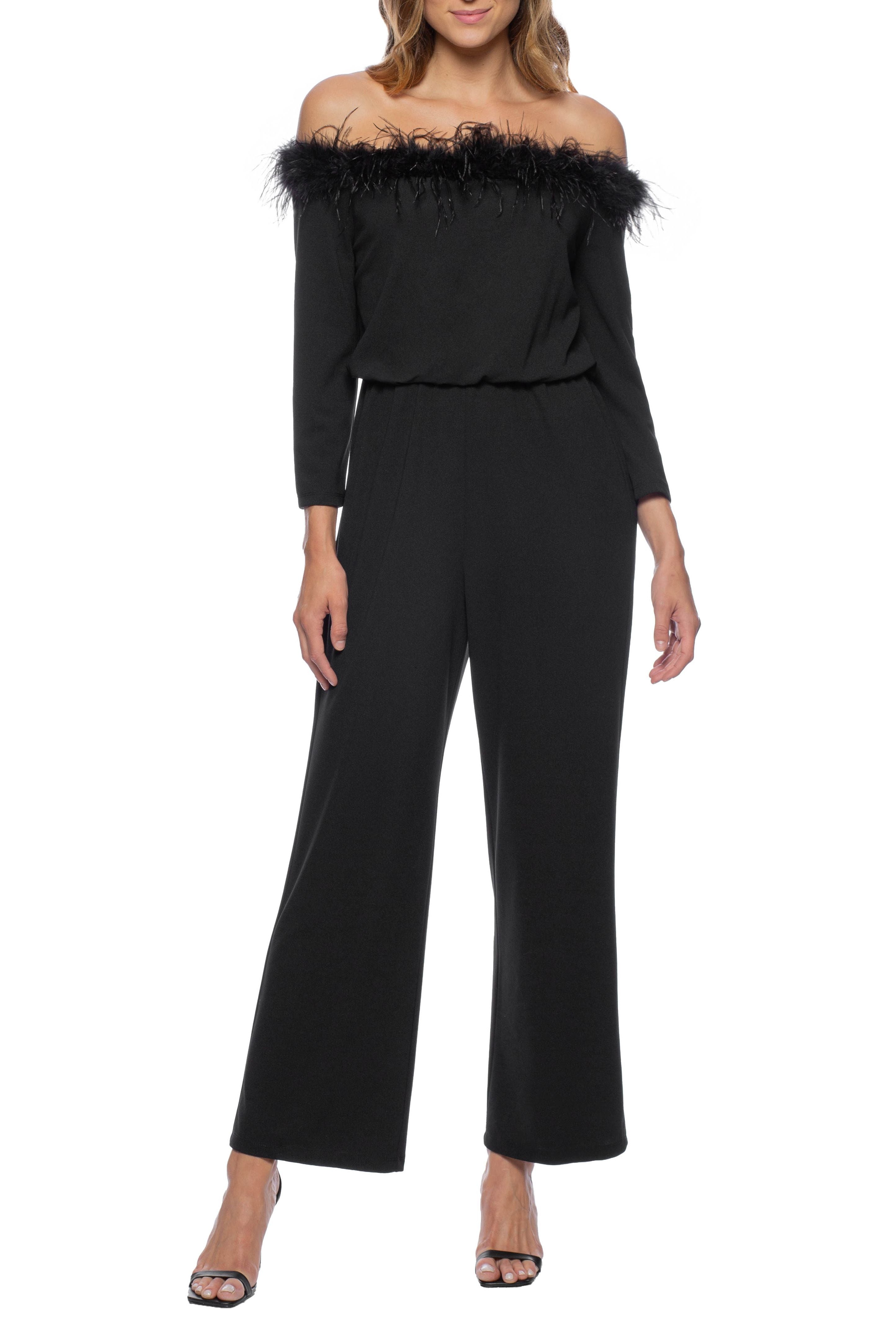 Marina Feather Detail Off Shoulder Crepe Jumpsuit