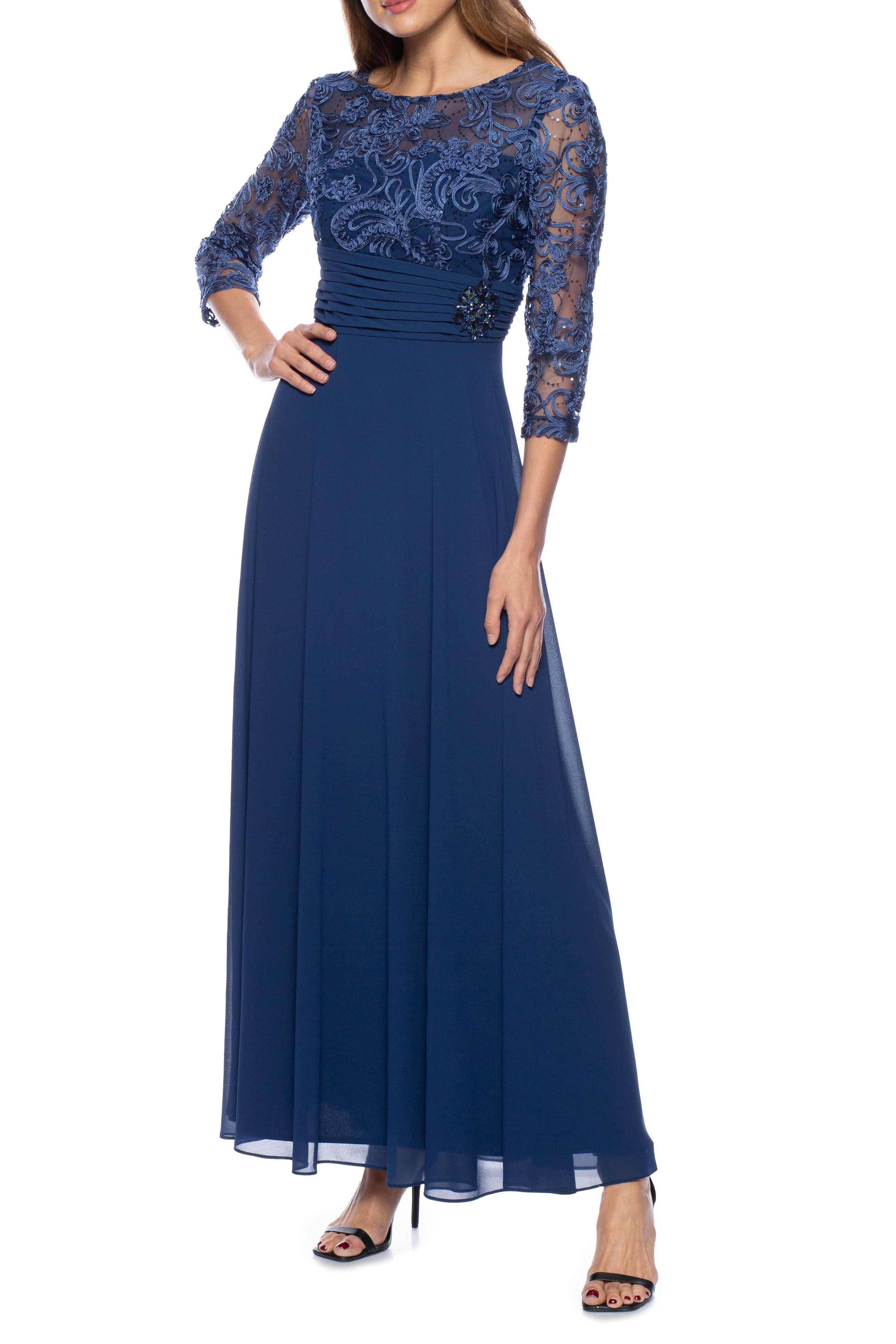 Marina Long Embellished Bodice Pleated Waist Dress