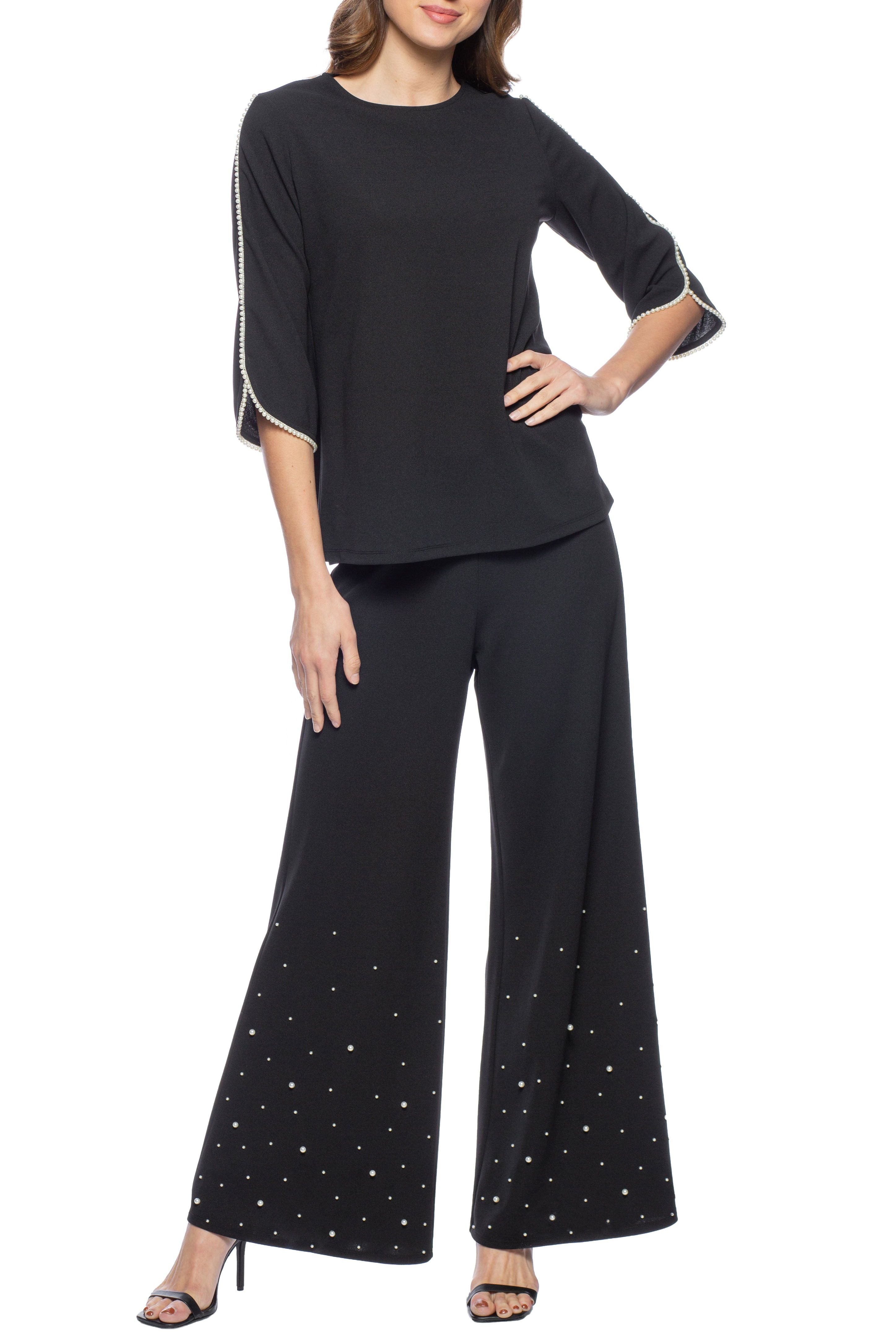Marina Embellished Sleeve Crepe Top with Straight Leg Pant Set