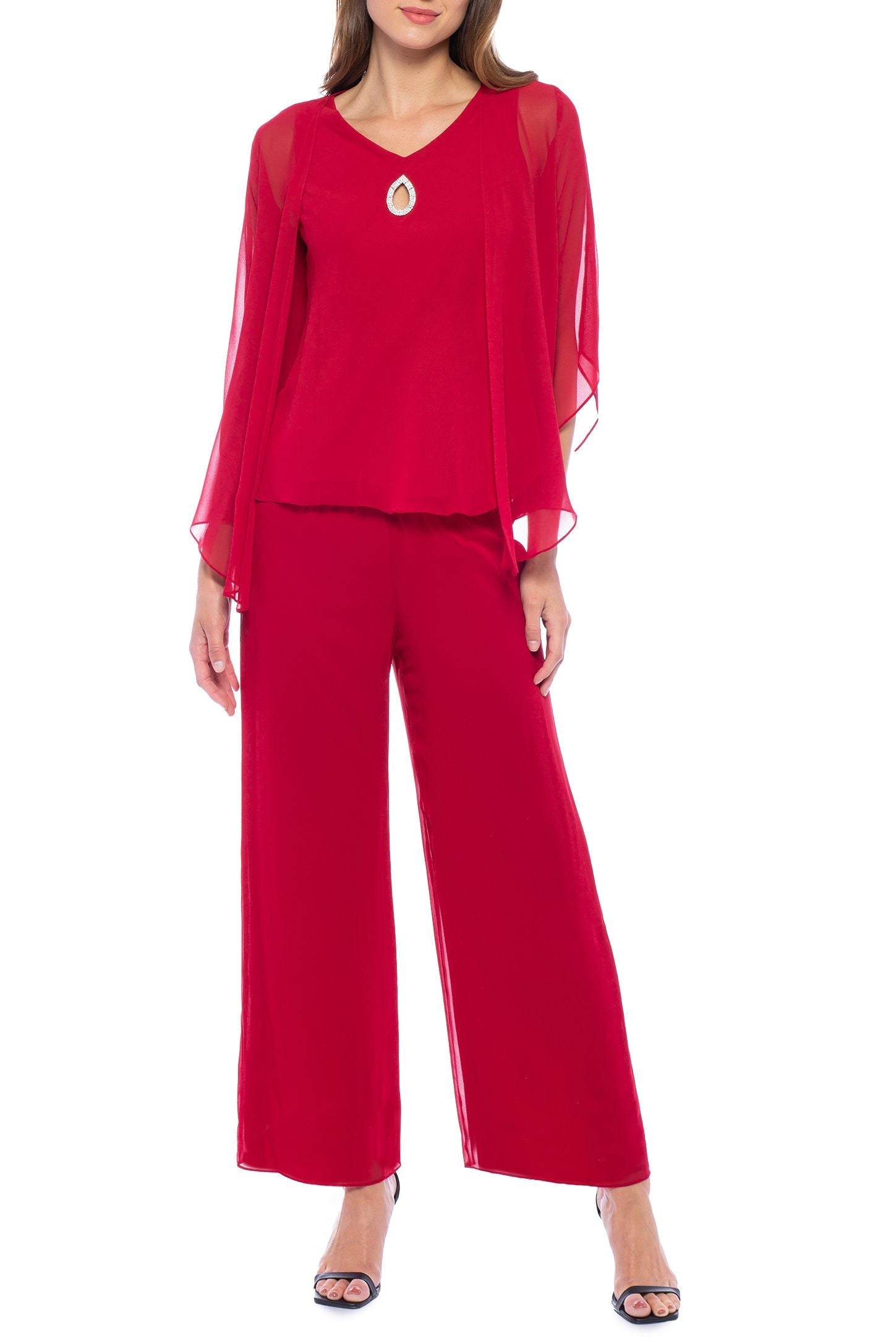 Marina Embellished V Neck Sleeveless Three Piece Pants Set
