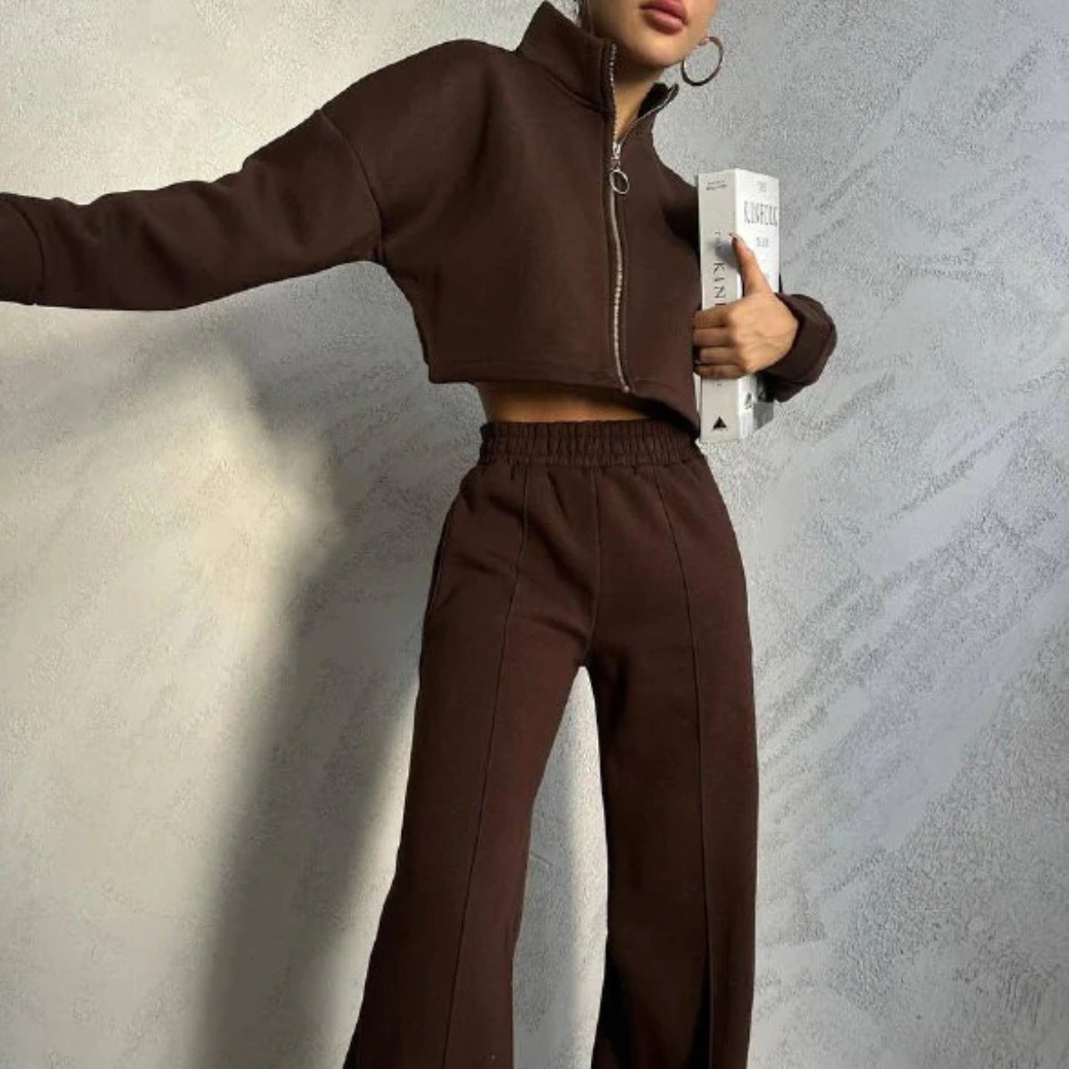 Solid Color Round Neck Pullover Long Sleeve Sweater Fashion Casual Trousers Suit