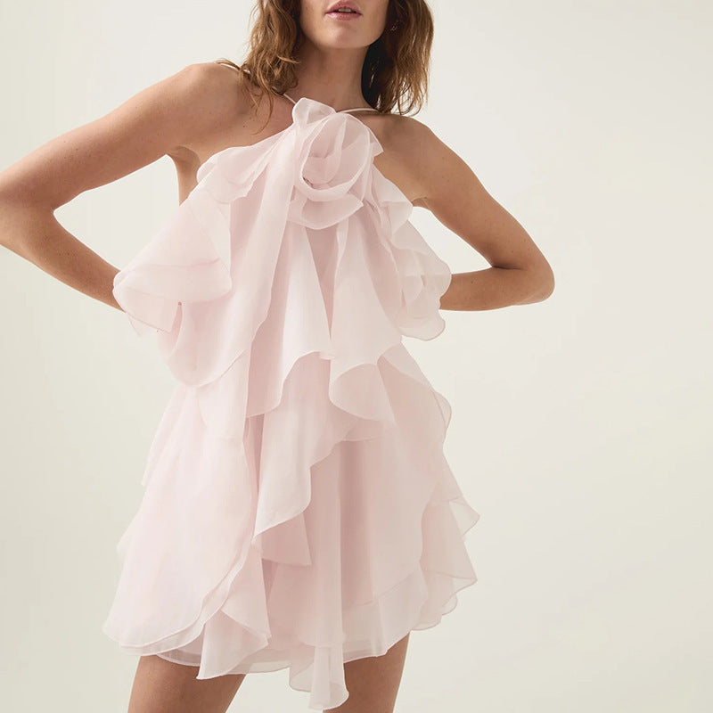 Halter Three-dimensional Flower Design Lace-up Sleeveless Dress