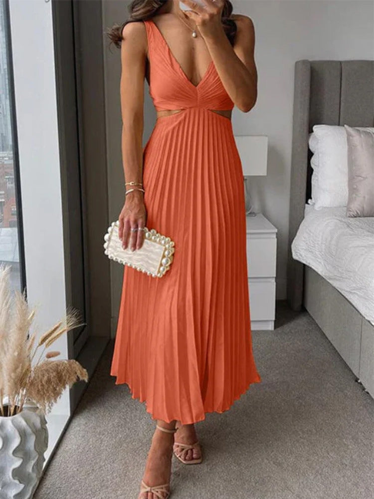Suspender Pleated Long Dress With Hollow-waisted Design Fashion V-neck Backless Dresses Summer Women's Clothing