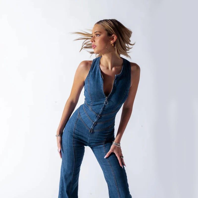 Slim Heart-shape Backless Denim Jumpsuit Women Halter Neck Zip Up High Waist Pants Retro Style Clothing