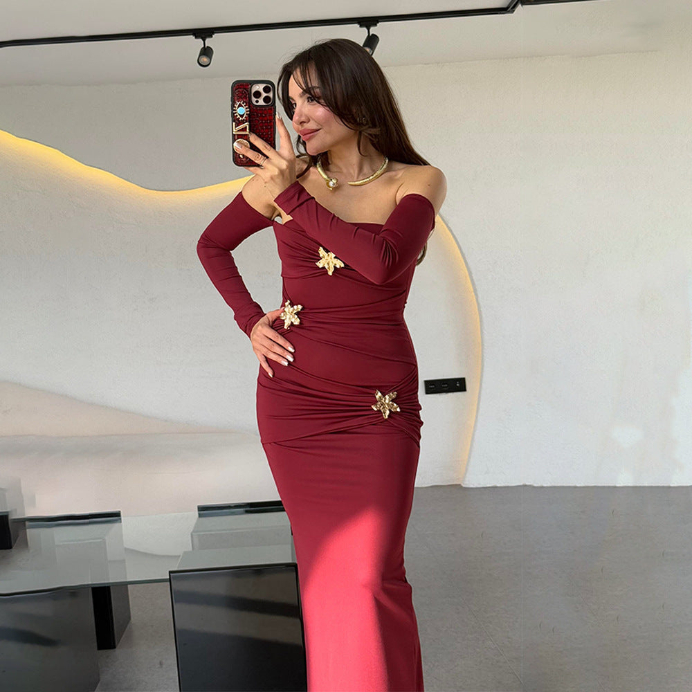 Women's Pleated Long-sleeved Dress Fashionable Slim Dress