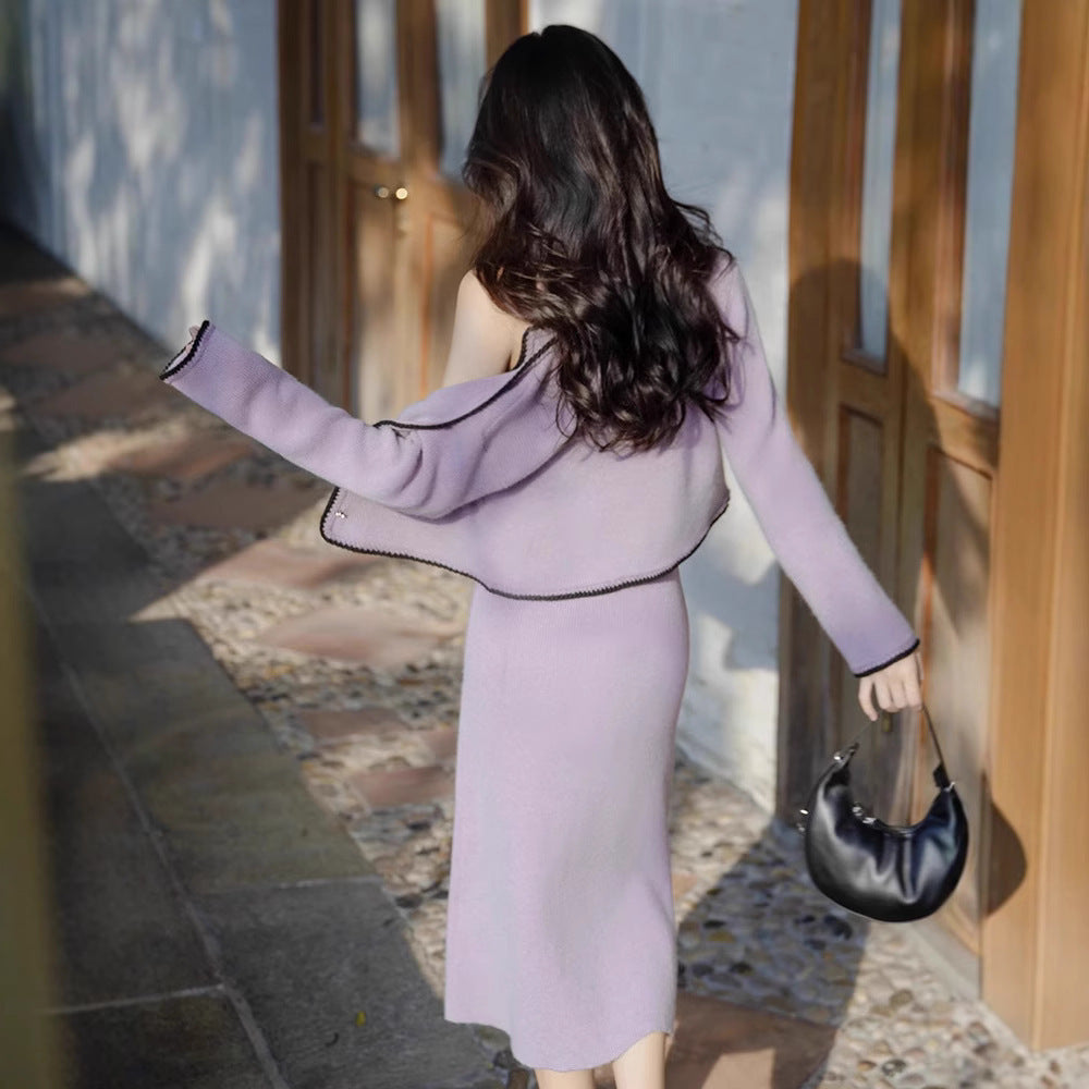 High-grade Pure Desire Style Purple Sweater With Suspenders Cardigan Two-piece Set