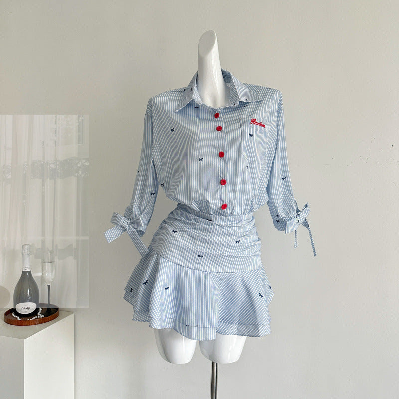 Half-sleeved And Waisted Shirt Dress Blue And White Striped Dress Ruffles