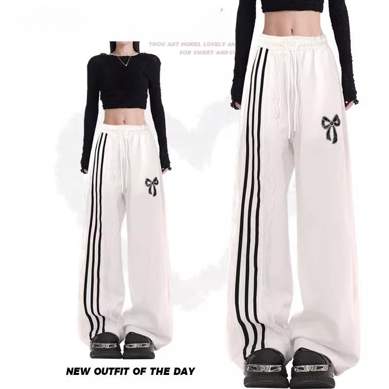 Striped Loose Blue Lace Bow Sports Pants Female