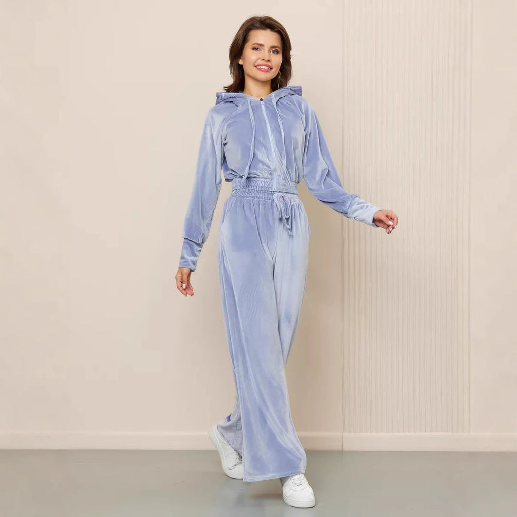 Zipper Cardigan Laced Pants Two-piece Set