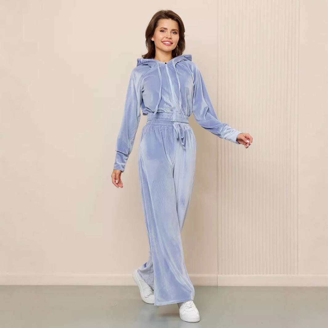 Zipper Cardigan Laced Pants Two-piece Set