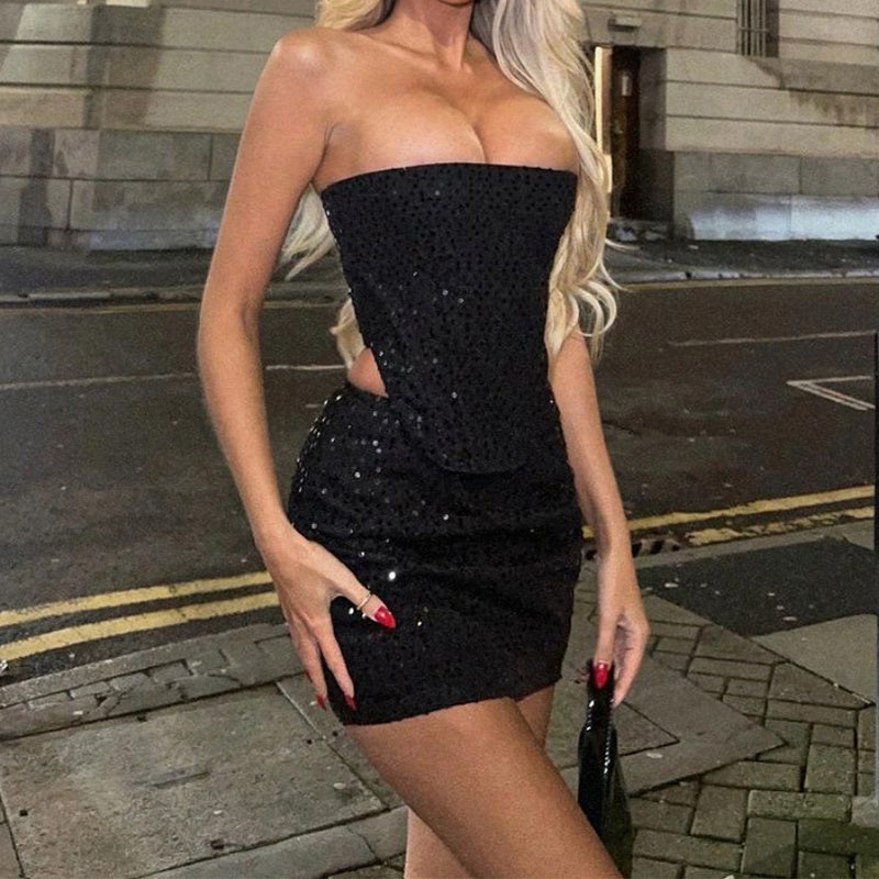 Denim Sequins Skirt Suit With Sexy Tube Top And Slim Skirt 2pcs Y2K