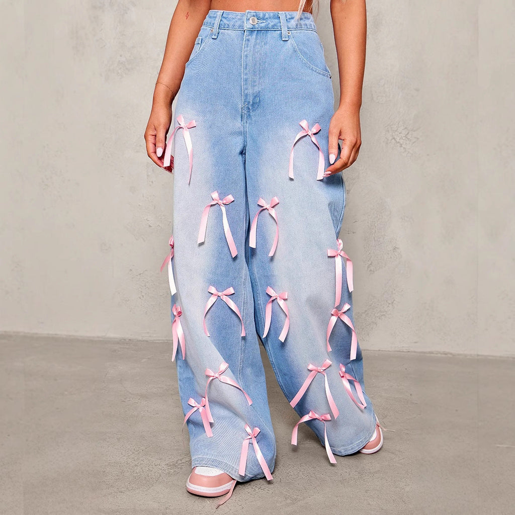 Pink Bow High Waist Wide Leg Jeans