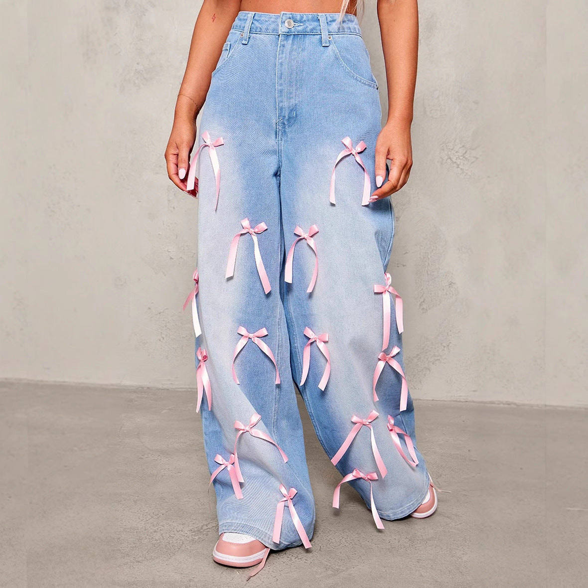 Pink Bow High Waist Wide Leg Jeans