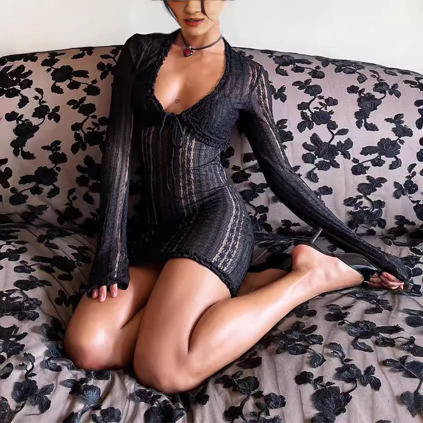 Cross Border Long-sleeved Sun-proof Cardigan Sexy V-neck Split Dress