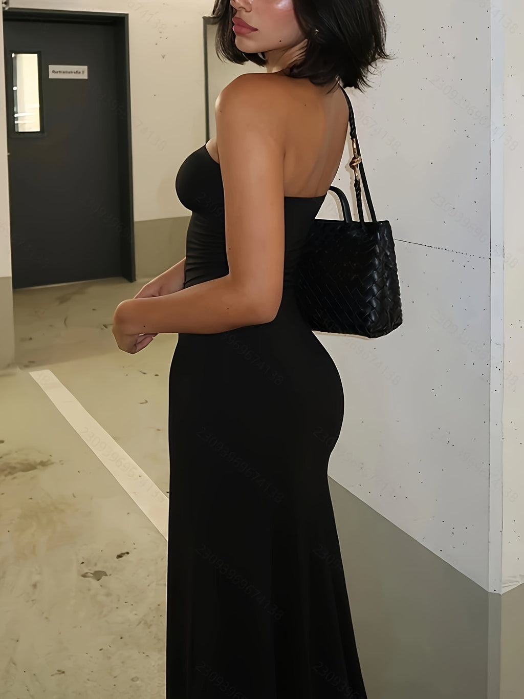 Ladies A Line Neck Sexy Chest Bare Back Solid Color Slim-fit Slit Long Dress