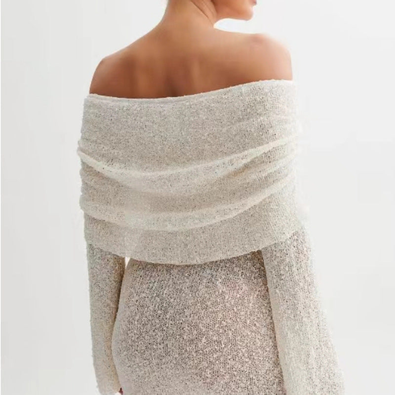 Elegant Women's Knitted Off-Shoulder Bodycon Mini Dress â€?Long Sleeve, Fuzzy, Chic Spring/Summer Party Outfit