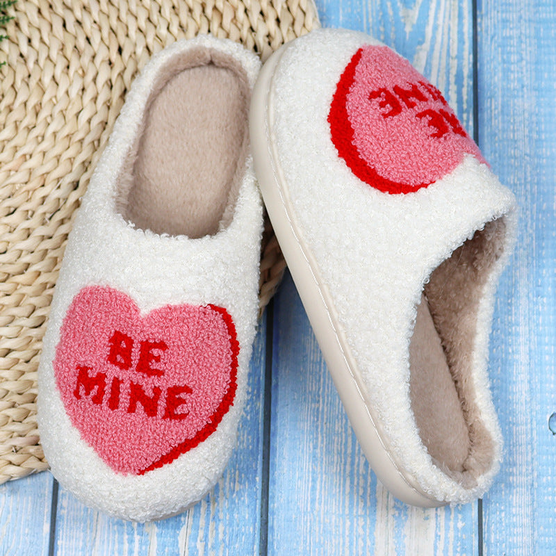 Women's Love Heart Cotton Slippers â€?Non-Slip Plush Indoor Slides