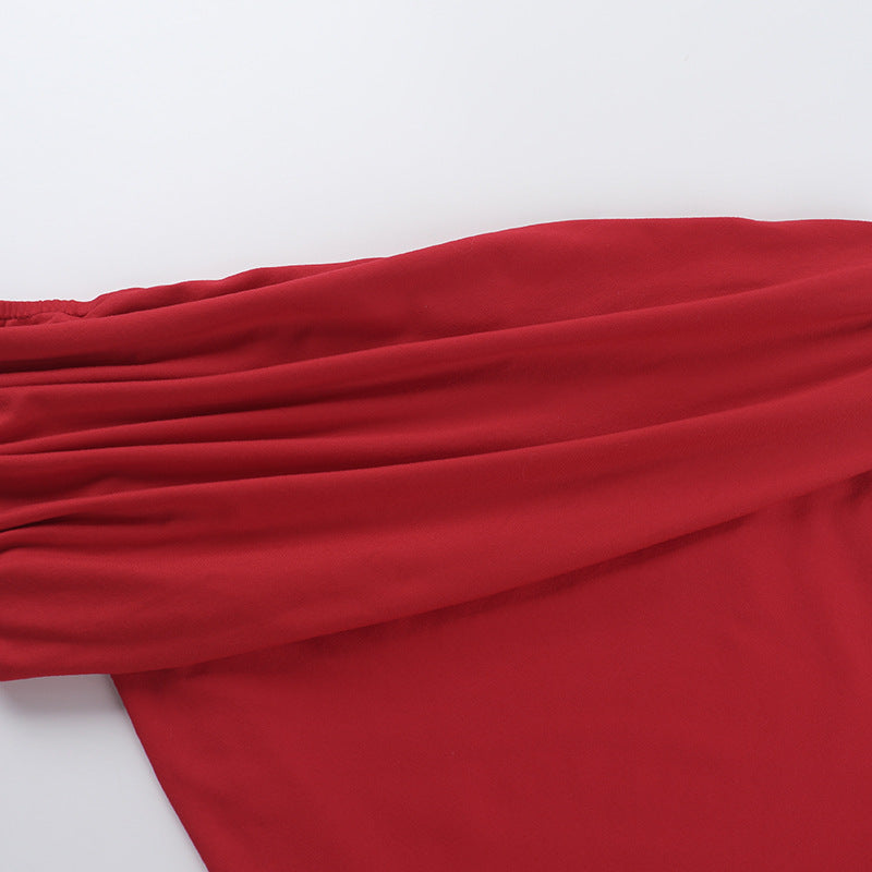 Cloud Sense Oblique Shoulder Fitted Waist Pleated T-shirt