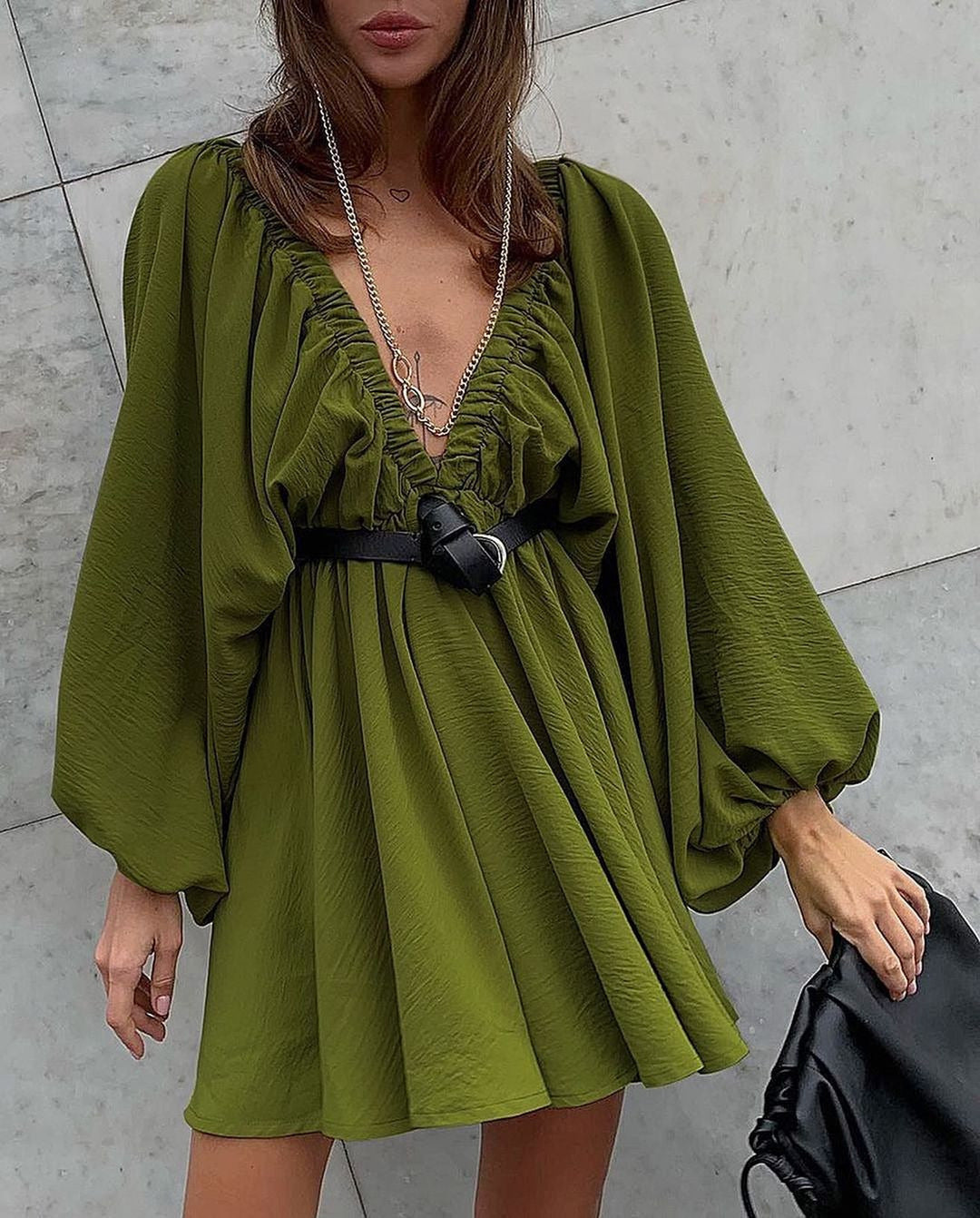 V-neck Lantern Sleeve Dress Fashion Loose Long-sleeved Dresses For Women Clothing