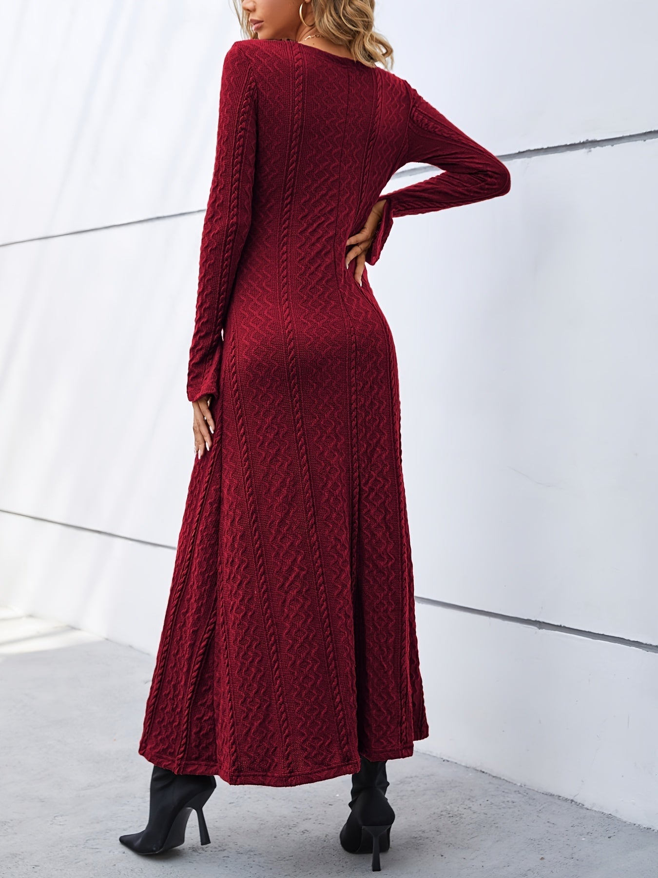 Elegant Buttons Slit Long Dress, Casual Deep V Neck Long Sleeve Waist Long Dresses