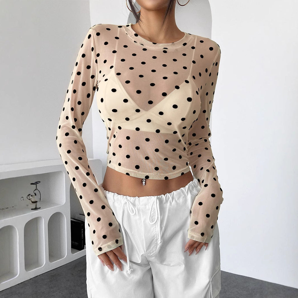 Design Sense See-through Dot Slim Mesh Round Neck Long Sleeve T-shirt