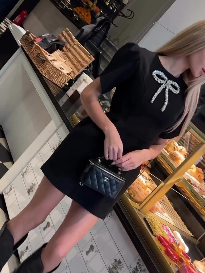 Elegant Rhinestone Bow Petal Sleeve Dress