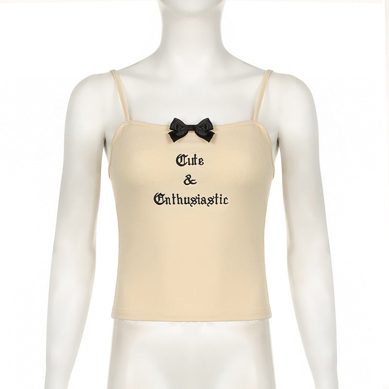 Hottie Bow Stitching Letter Embroidered Strap Slim Top