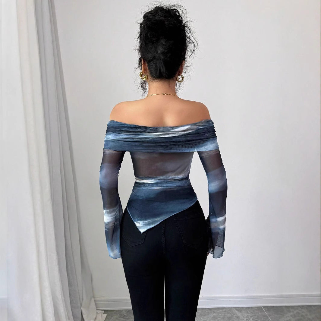 Knitted Mesh Printed Off-shoulder Collar Long Sleeved Fitted T-shirt