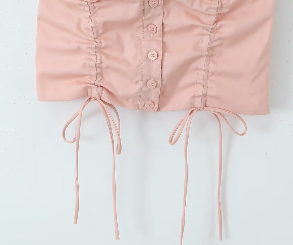 Women's Drawstring Lace Shell Button Short Top