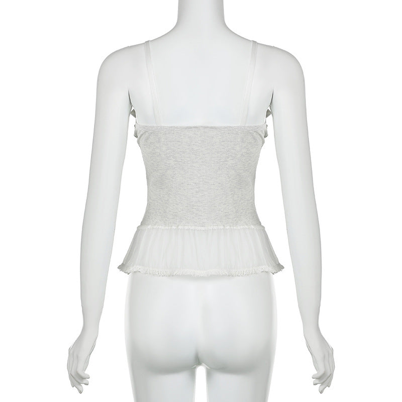 Girl Slim Fit Waist-tight Pure Mesh Vest Pure Desire Wind Sexy Low-cut V-neck Pleated Lace Bow Suspenders
