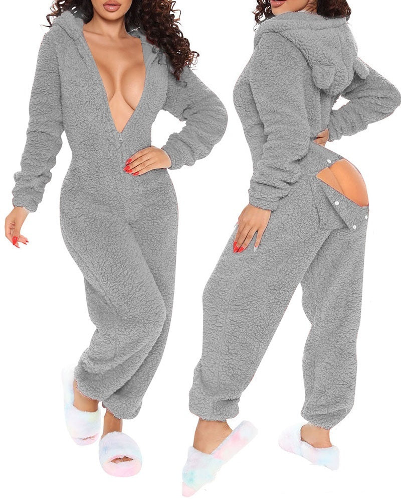 Long Sleeve Hooded Trousers Plush Homewear Pajamas Jumpsuit