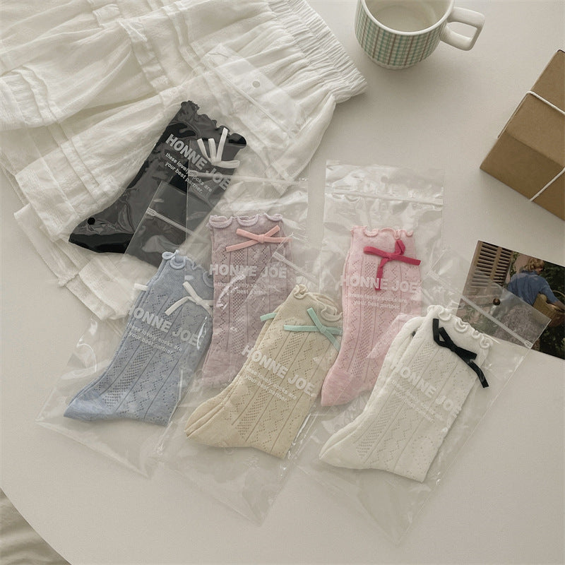 Thin Mesh Solid Color Bow Mid-calf Length Loose Socks Breathable Sweat Absorbing