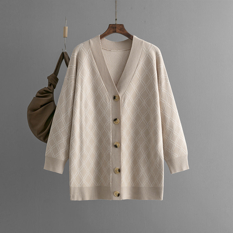 V-neck Cardigan Sweater Casual Loose Diamond Plaid Sweater Coat