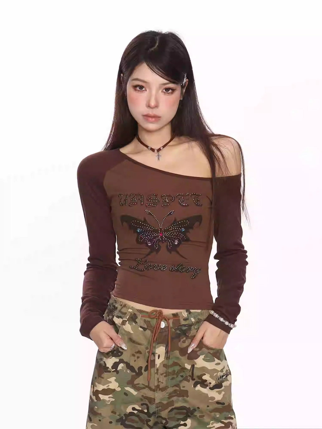 Retro Hot Girl Beaded Printed Shoulder Long Sleeve T-shirt