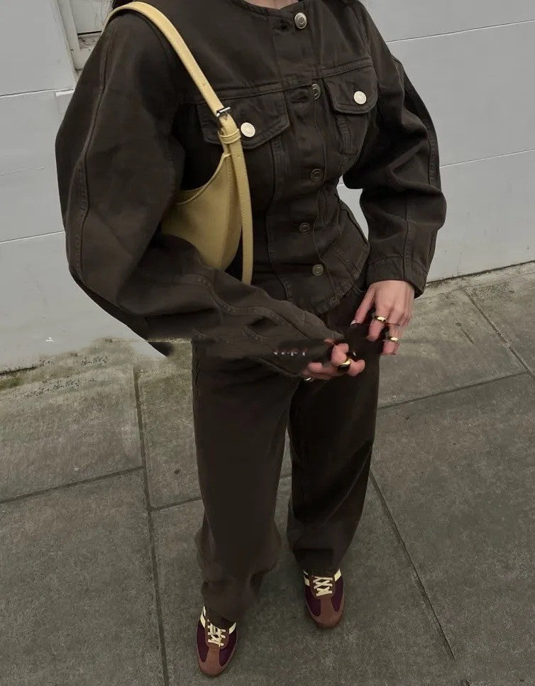 Single-breasted Denim Suit Wide-leg Pants