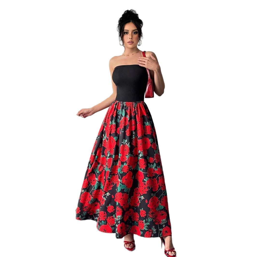 Elegant Women's Rose Print Short Stitching Bandeau Sexy Long Dress