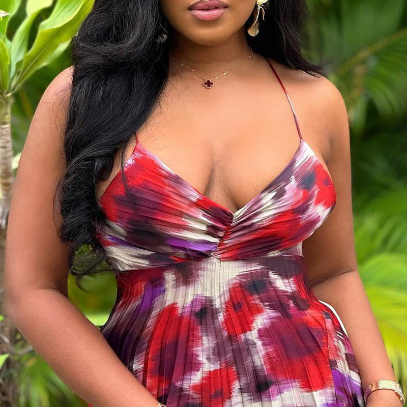 Printed Pleated Suspender Long Skirt