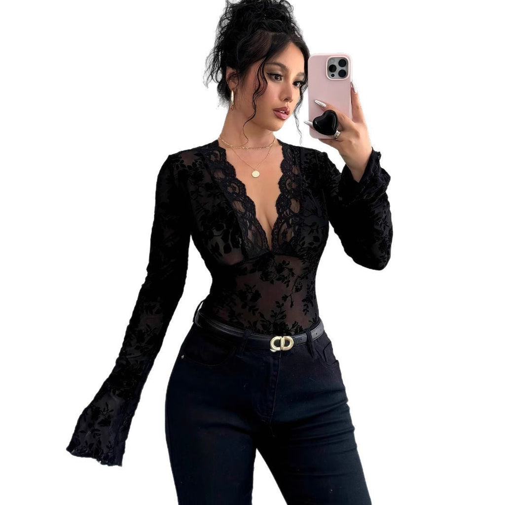 Women V-neck Lace Mesh Flare Sleeve T-shirt