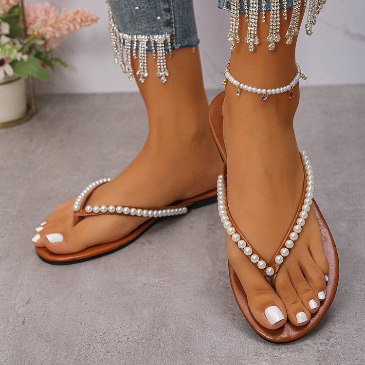 Flat Bottom Flip-flops Flip-flops Women's Summer Wear 2025 New Fairy Style Pearl Soft Bottom Non-slip Beach Slippers