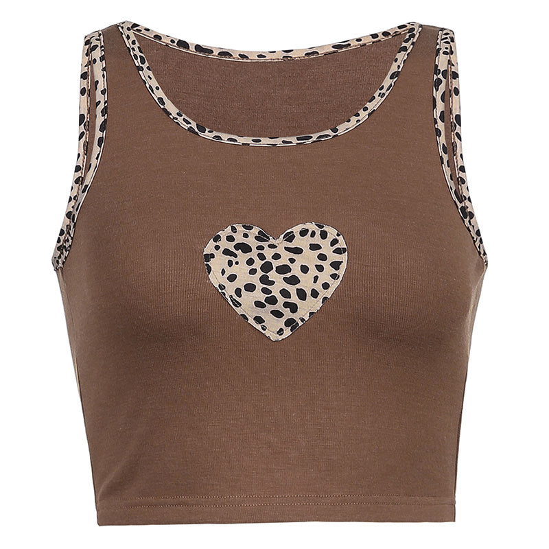Patchwork Brown Cute Tops Leopard Heart Sexy Tank Top