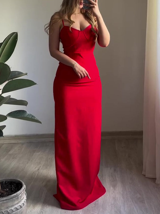 Red Sexy Back Slit Suspender Maxi Dress