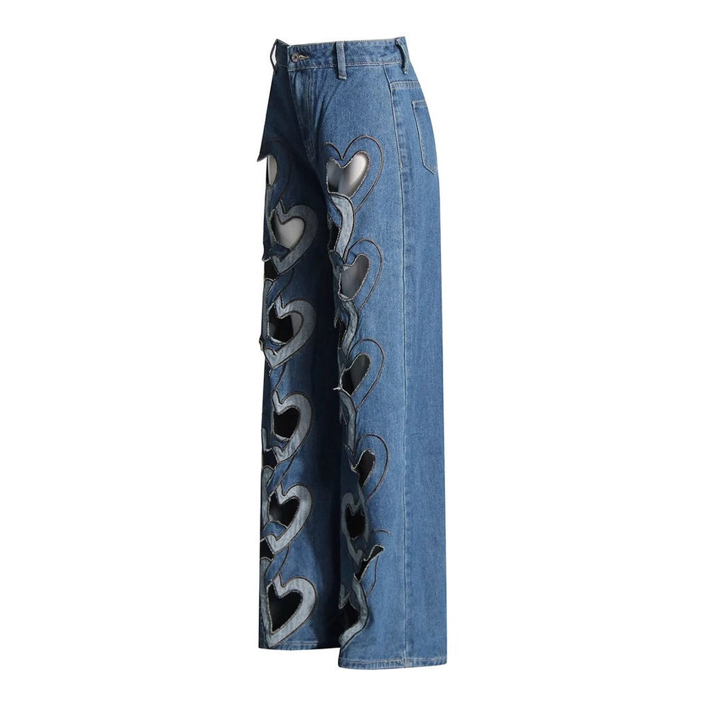 High Waist Hollowed Heart Shape Wide Leg Jeans