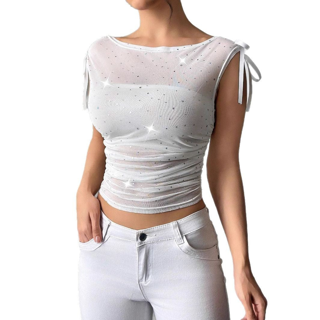 Sequined Mesh Off-the-shoulder Bow Pleated T-shirt