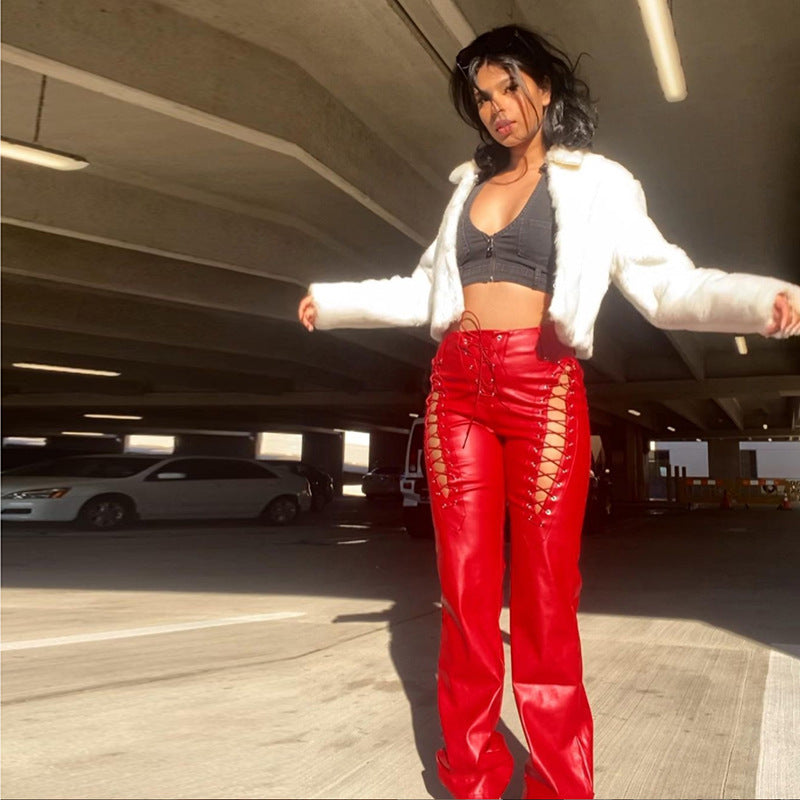 Women's High Waist Hollow-out Strap Straight Ankle Tied Leather Pants