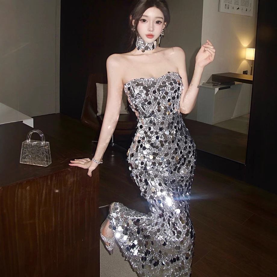 Sequin Engagement Evening Dress For Toasting High-end Light Luxury High-end Host Fishtail Strapless Dress