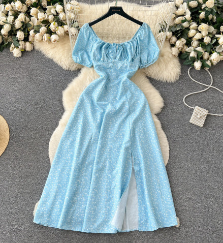 Women's Clothing Princess Sleeves Off-neck Sexy Slit Slim Fit Printed Dress