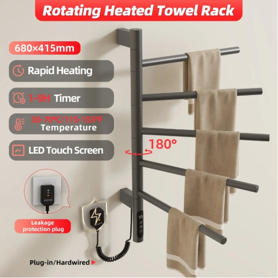 Electric Towel Warmer  Rotating Heated Towel Rack With 1 9H Timer  85W Wall Mounted 5 Bars Electric Towel Rail Concealed Installation Towel Warmer For Bathroom Black